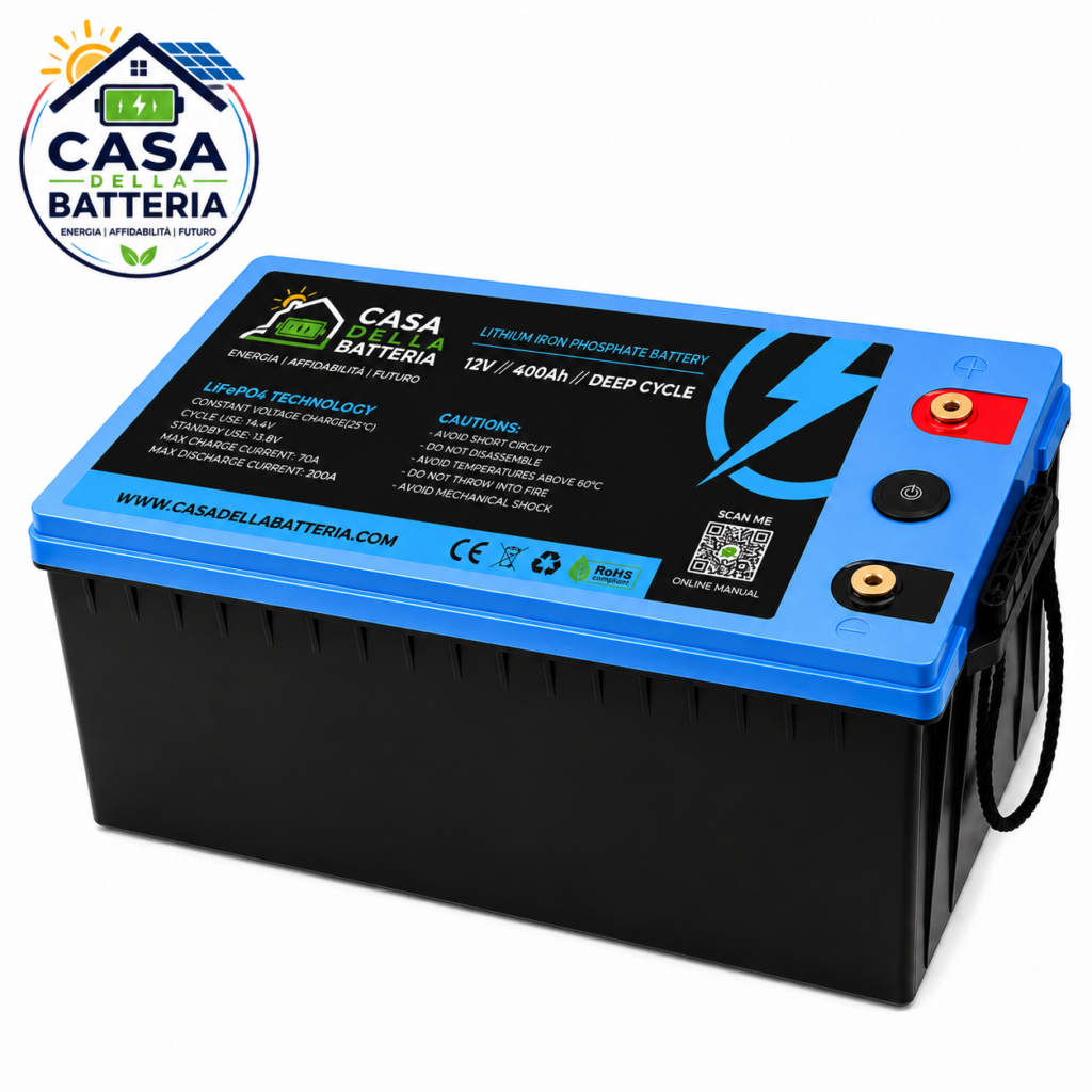 Batteria LiFePO₄ 12V 400Ah con BMS e Display LED | 5120Wh IP65