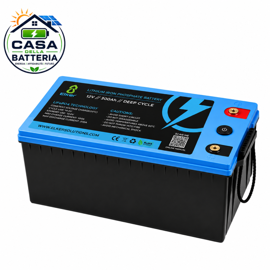 Batteria LiFePO₄ 12V 300Ah con BMS e Display LED | 3840Wh IP65