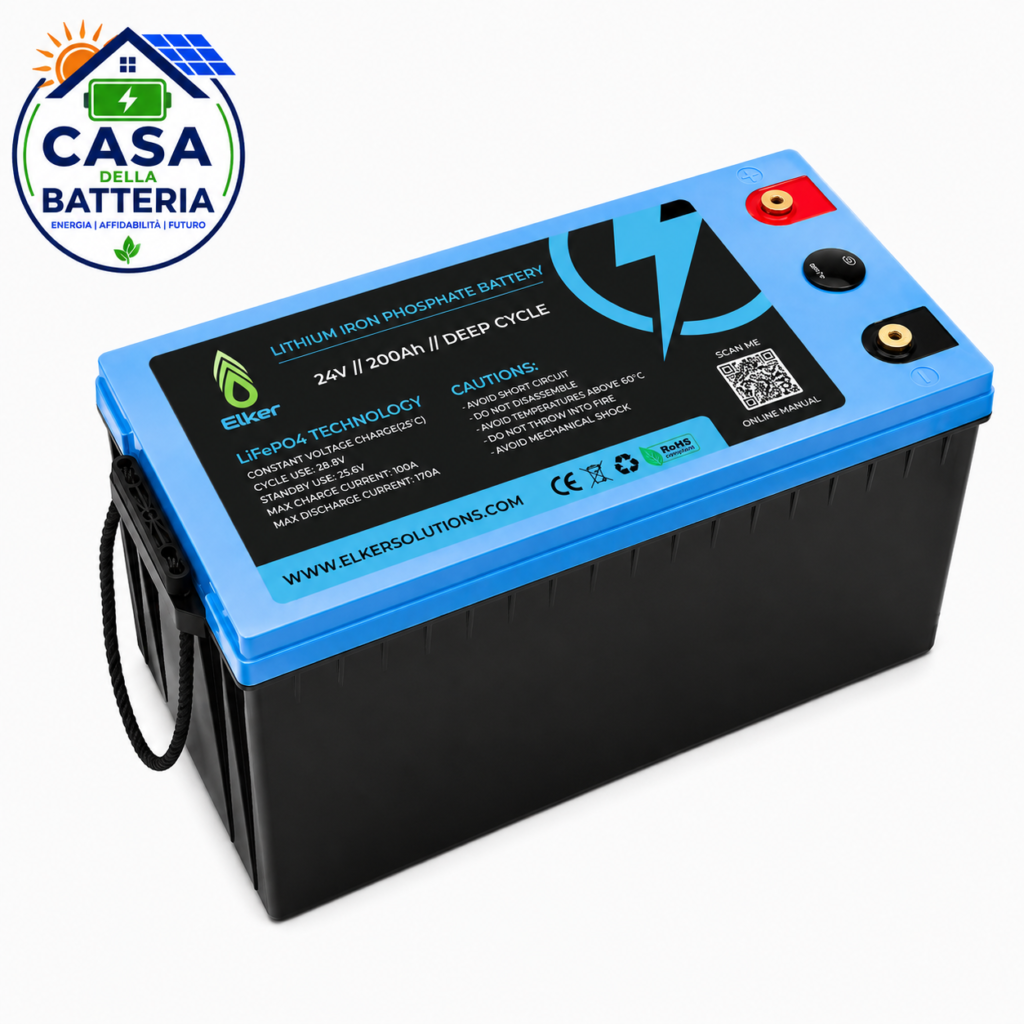 Batteria LiFePO₄ 24V 200Ah con BMS e Display LED | 5120Wh IP65